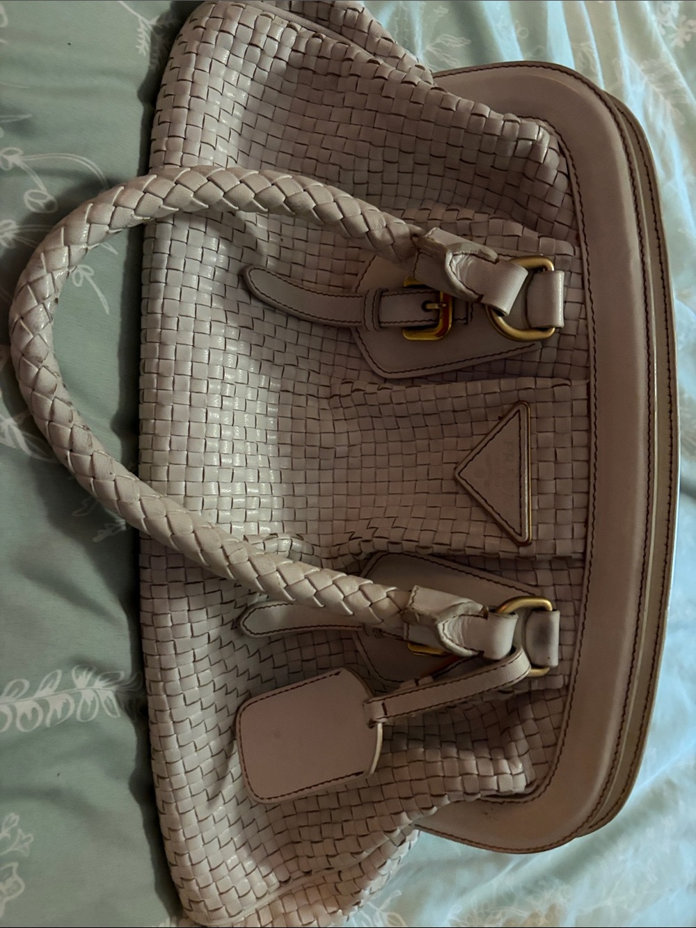 Prada Blush Pink Woven Shoulder Bag with Gold Hardware